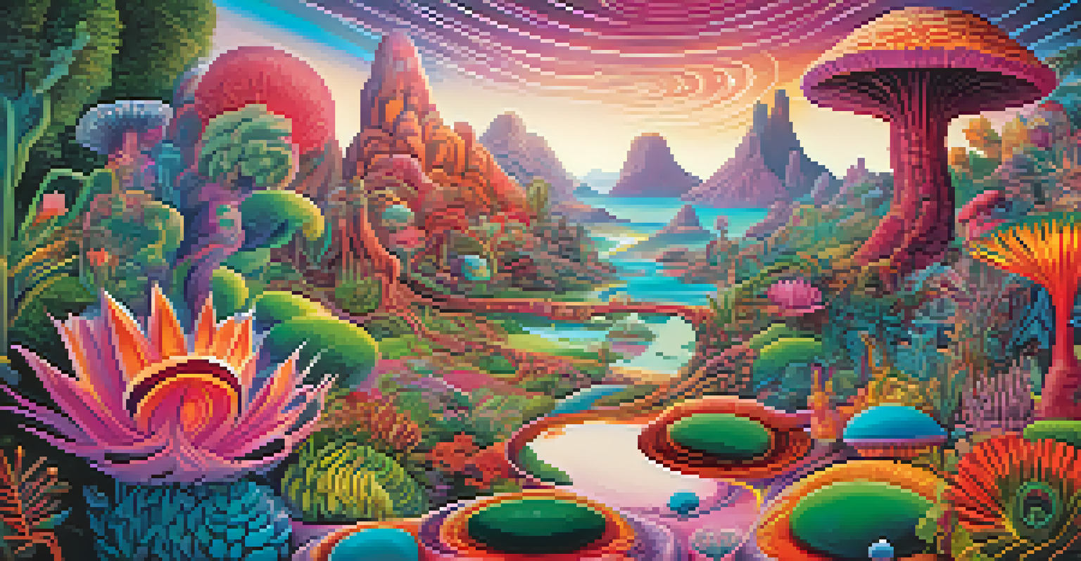 A vibrant psychedelic landscape with swirling patterns and whimsical creatures.