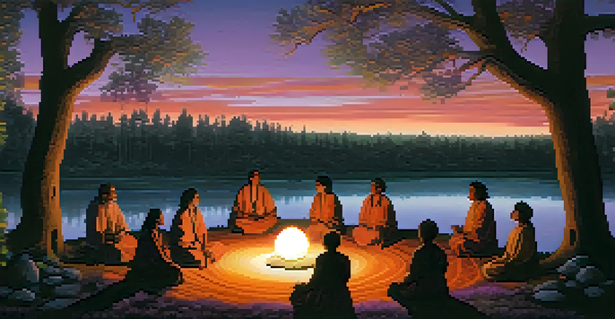 An Aboriginal landscape at dusk with participants in a shamanic ritual, surrounded by trees and lanterns.