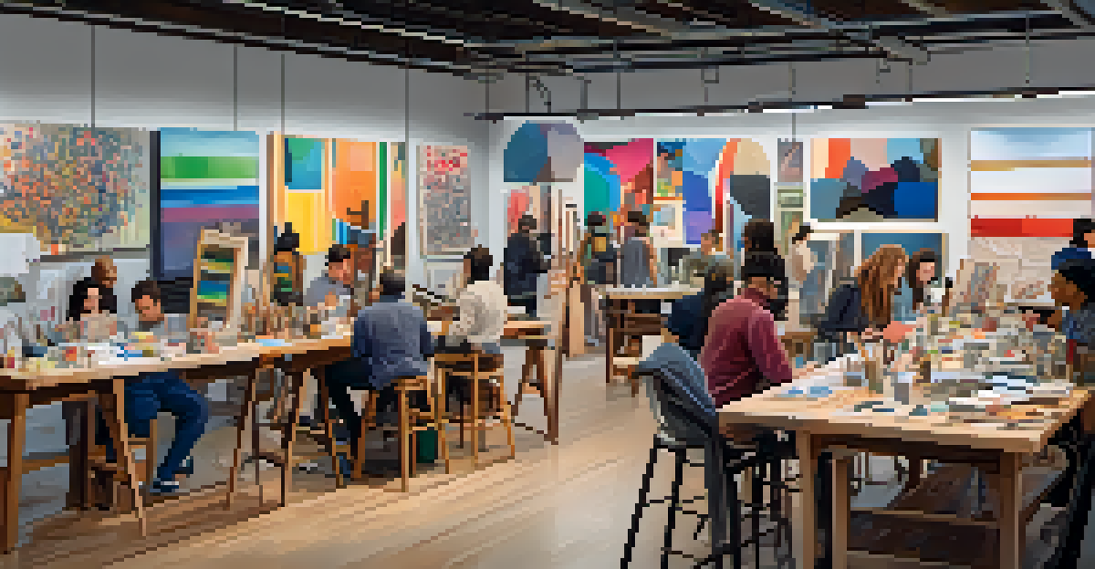 A modern workshop with artists collaborating and sharing creative techniques, surrounded by colorful artworks and art supplies.