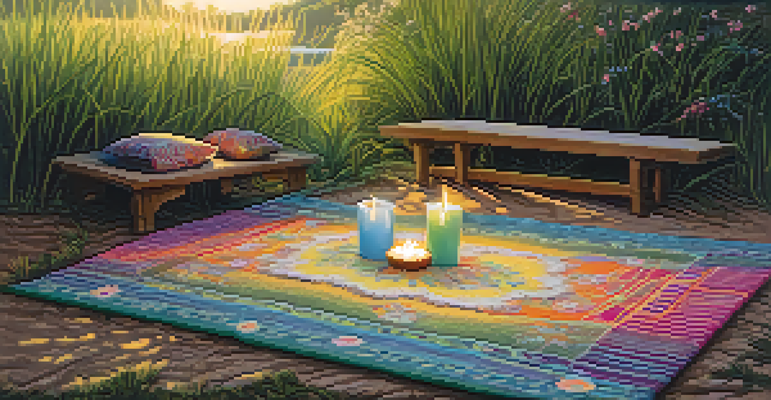 A meditation space in nature with a woven mat, crystals, and candles surrounded by blooming flowers and tall grasses under soft sunlight.