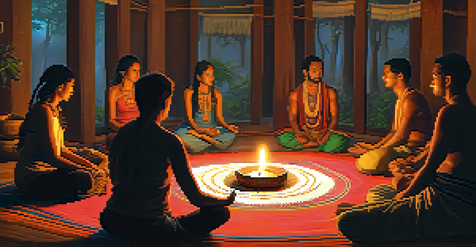 A warm-lit room with participants in a circle during an ayahuasca ceremony, led by a shaman.