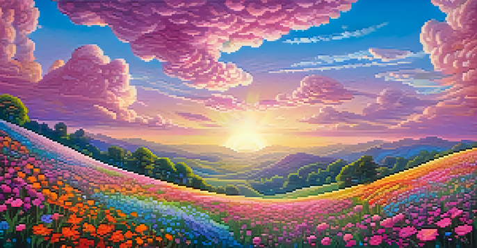 A colorful surreal landscape with vibrant flowers and swirling clouds under sunlight.