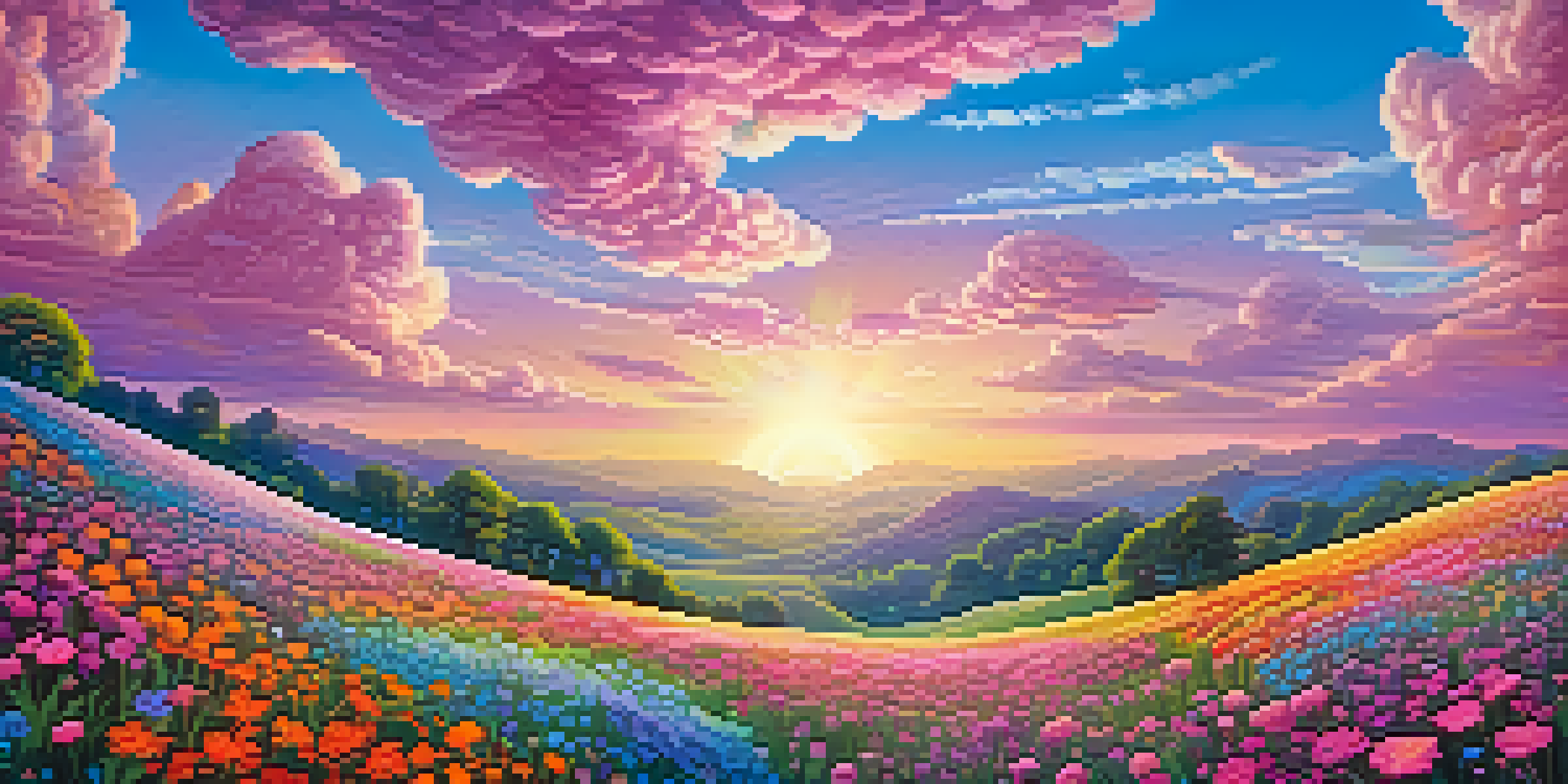 A colorful surreal landscape with vibrant flowers and swirling clouds under sunlight.