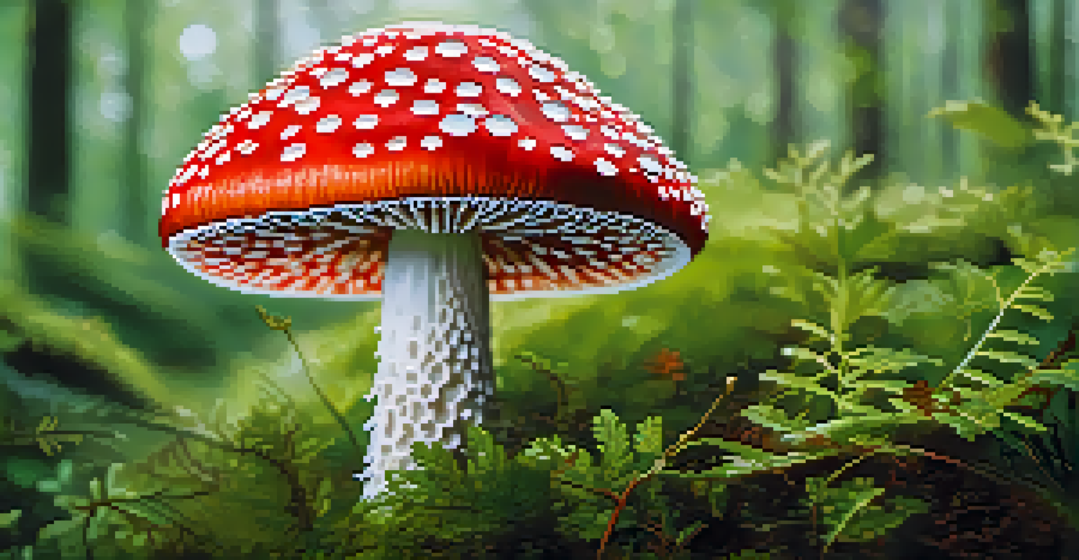 A close-up of a bright red fly agaric mushroom surrounded by green foliage.