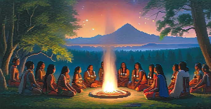 A traditional Indigenous ceremony in a lush forest at night, with participants holding hands around a glowing fire under a starlit sky.