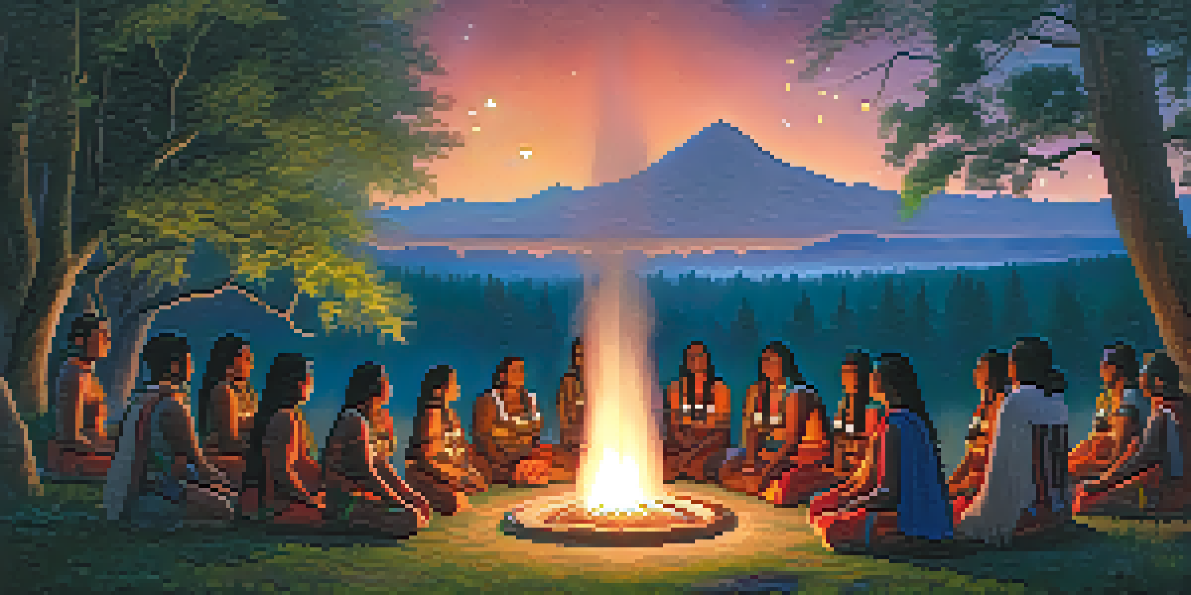 A traditional Indigenous ceremony in a lush forest at night, with participants holding hands around a glowing fire under a starlit sky.