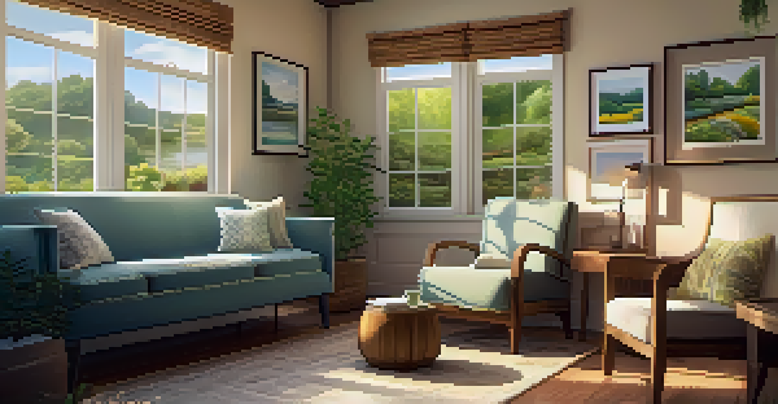 A cozy therapy room with warm lighting, a comfortable chair, and calming nature artwork, creating a nurturing atmosphere for healing.