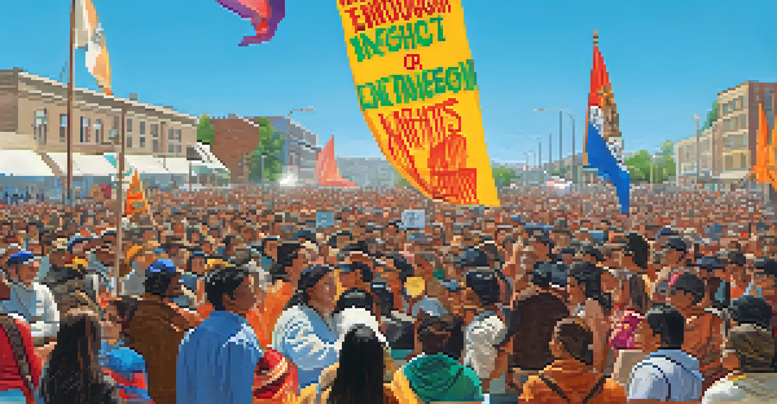 An Indigenous activist at a rally advocating for entheogen rights, with a diverse crowd and colorful banners.