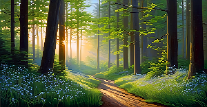 A peaceful forest at dawn with sunlight shining through trees and colorful wildflowers along a winding path.
