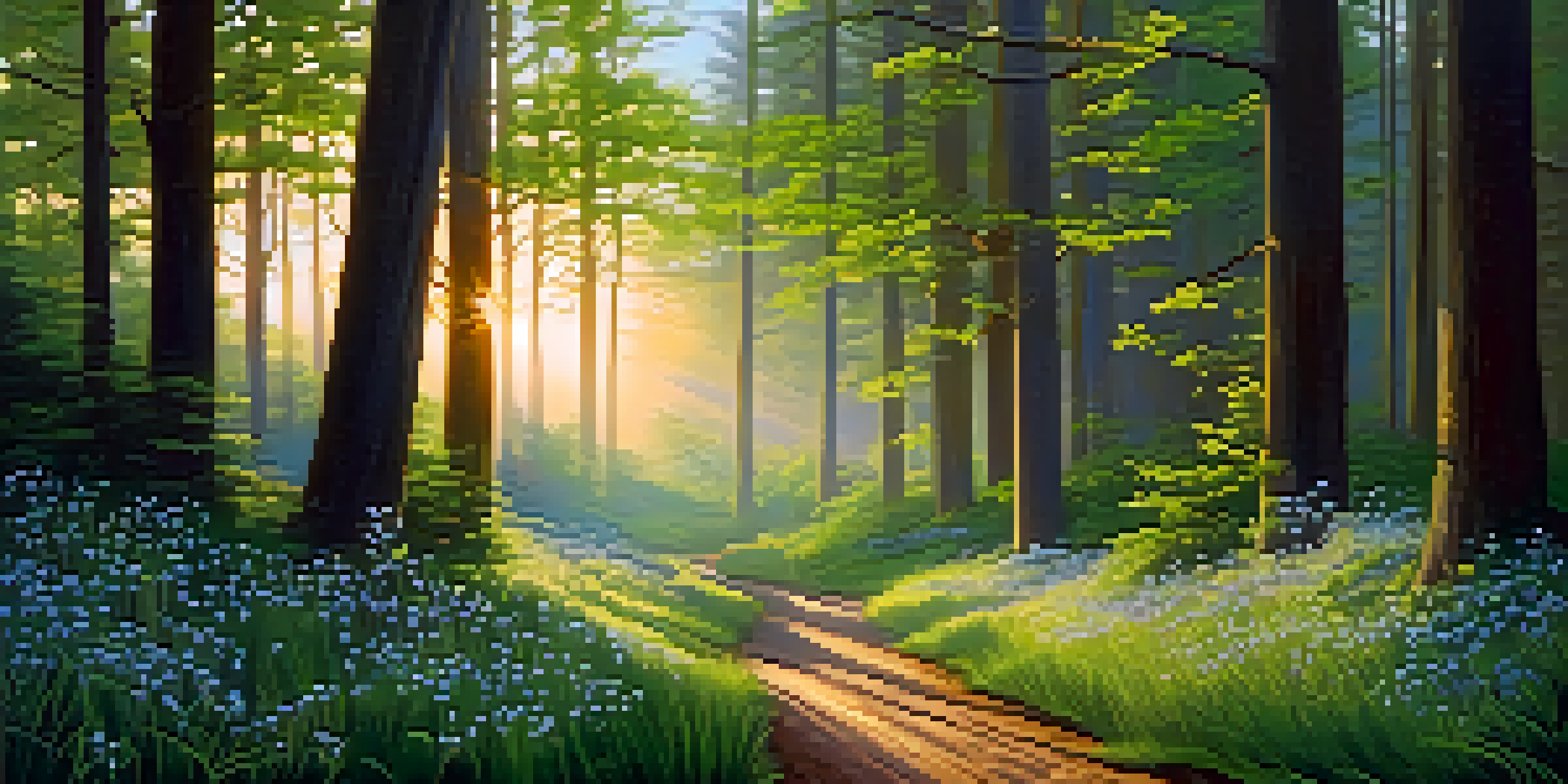 A peaceful forest at dawn with sunlight shining through trees and colorful wildflowers along a winding path.