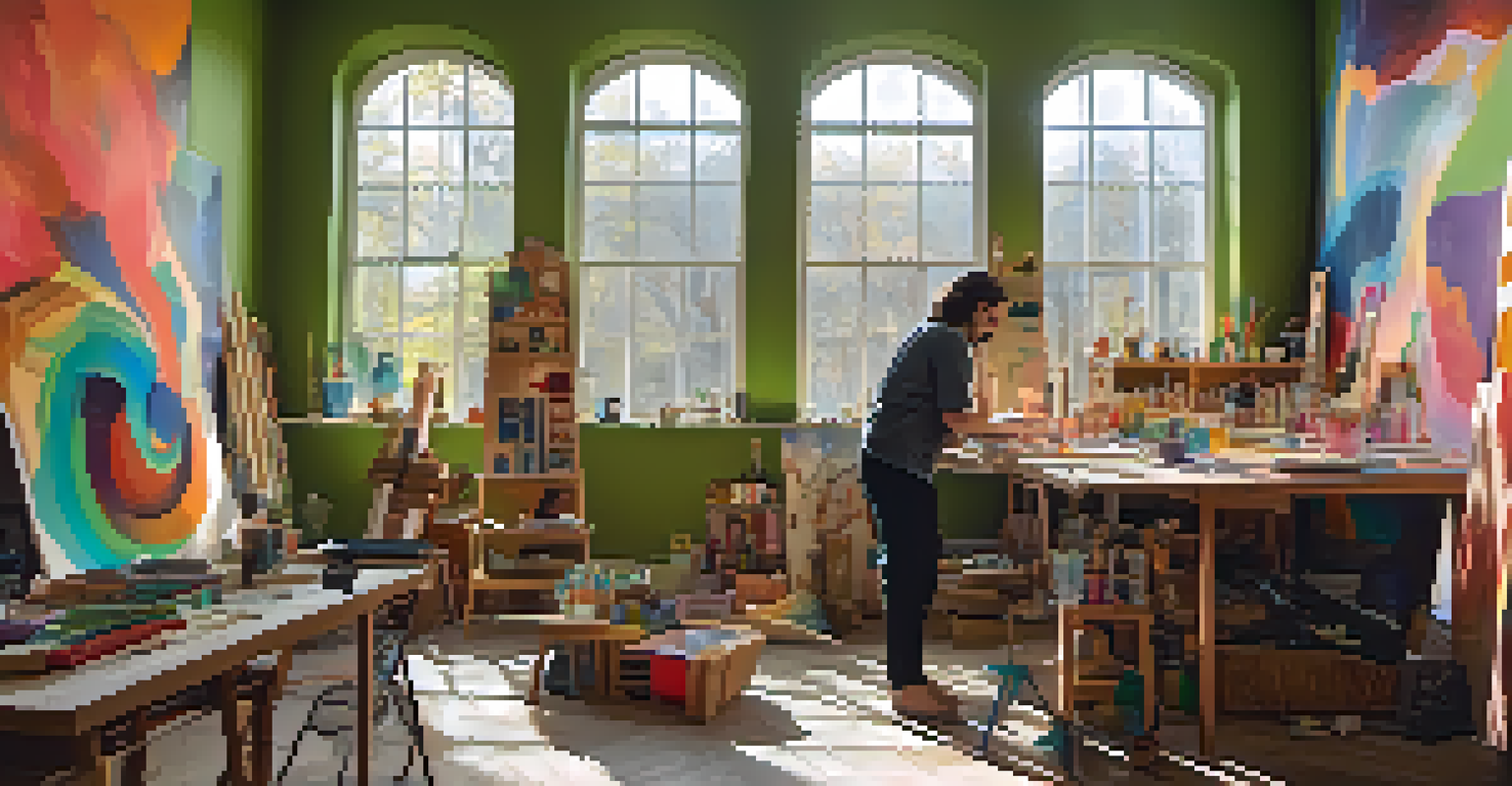 An artist's studio brimming with colorful abstract artworks and a sculptor working on a piece, illuminated by natural light.