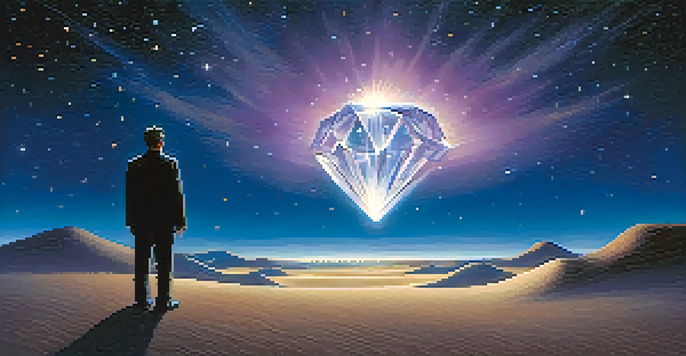 A character in a desert at night holds a glowing crystal, surrounded by a starry sky, evoking a sense of wonder and transformation.