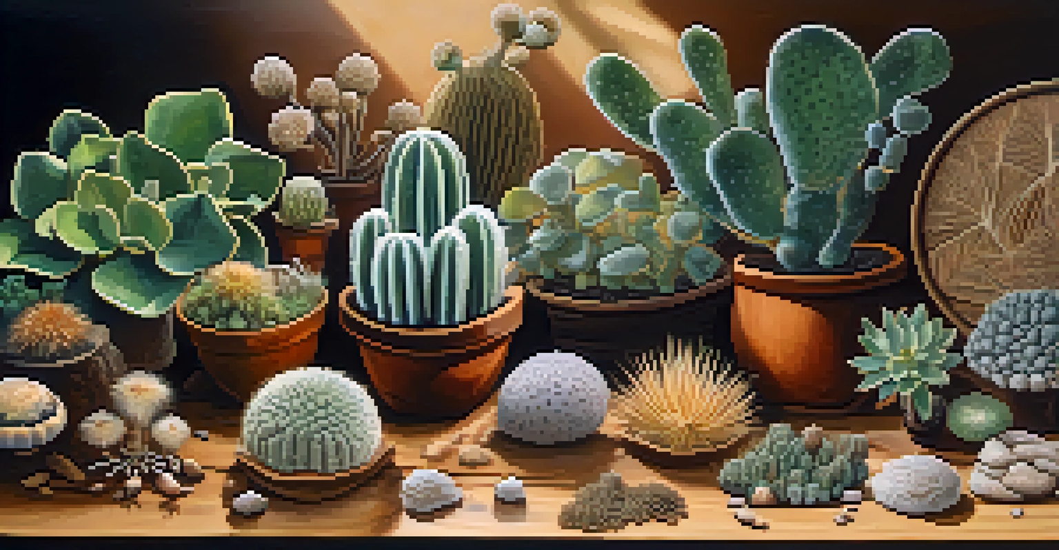 A collection of entheogenic plants including peyote and psilocybin mushrooms on a wooden table, with hand shears beside them.
