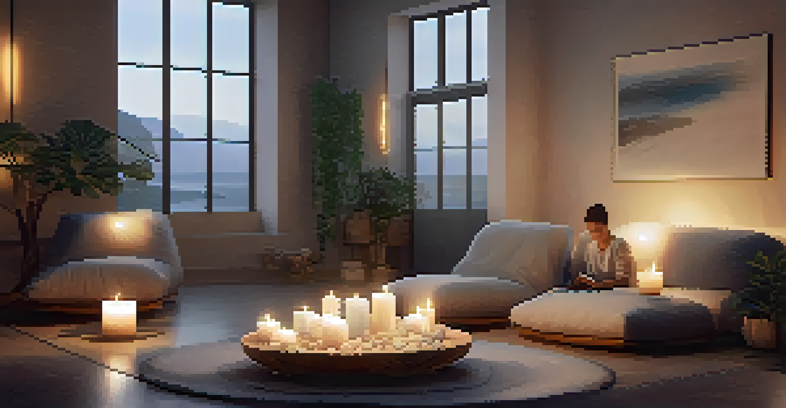 An indoor space with cushions and ambient lighting, where participants are in a moment of reflection, surrounded by candles and natural decor.