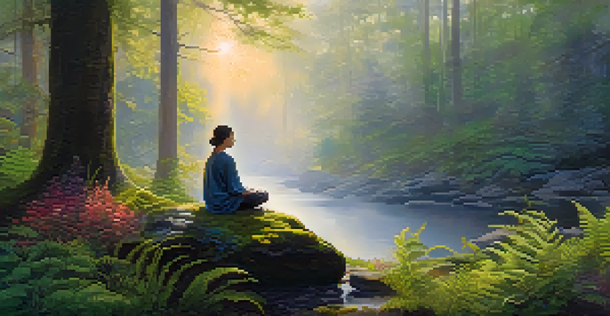 A person meditating in a tranquil forest at sunrise, surrounded by wildflowers and mist.