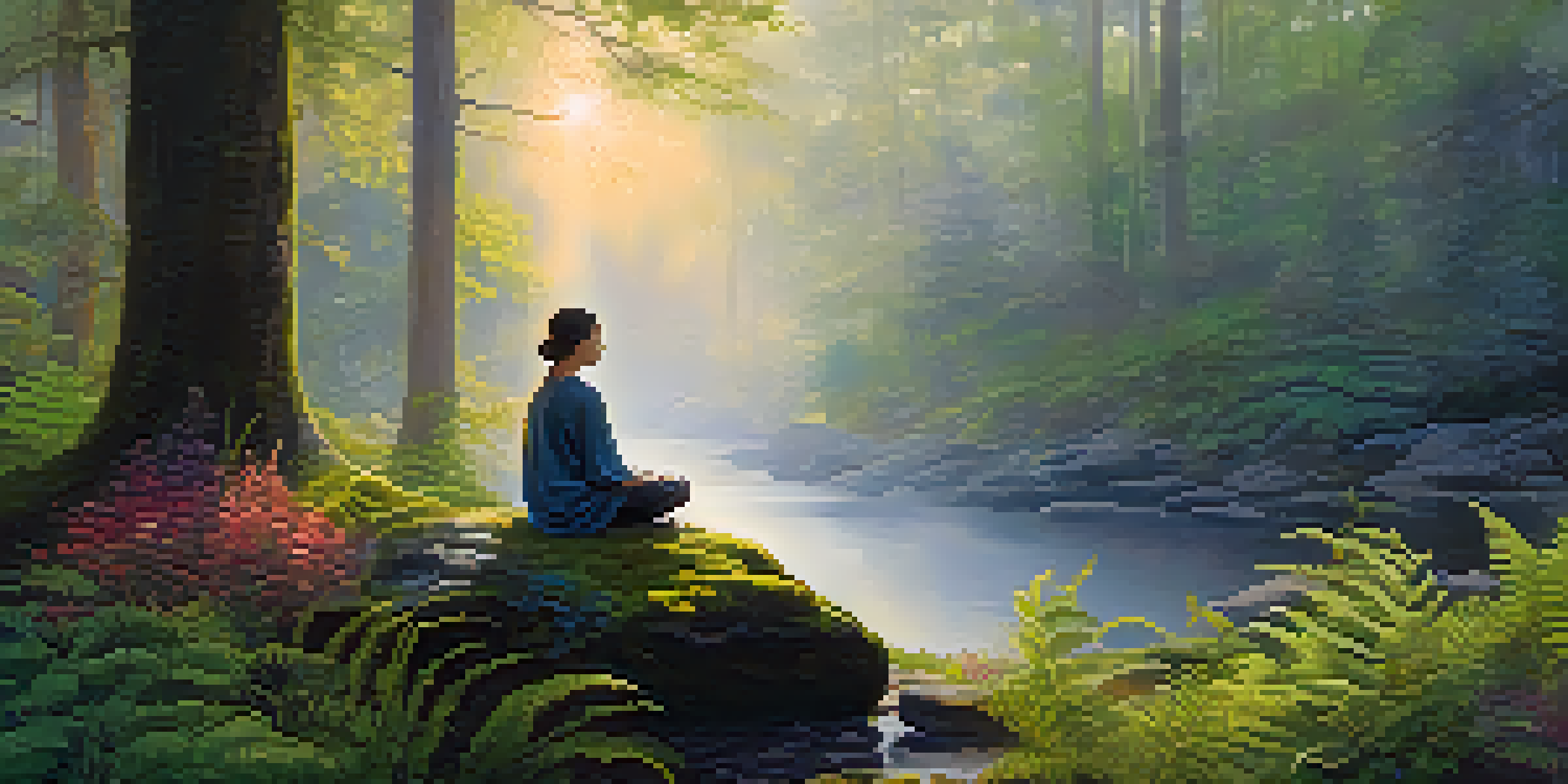 A person meditating in a tranquil forest at sunrise, surrounded by wildflowers and mist.