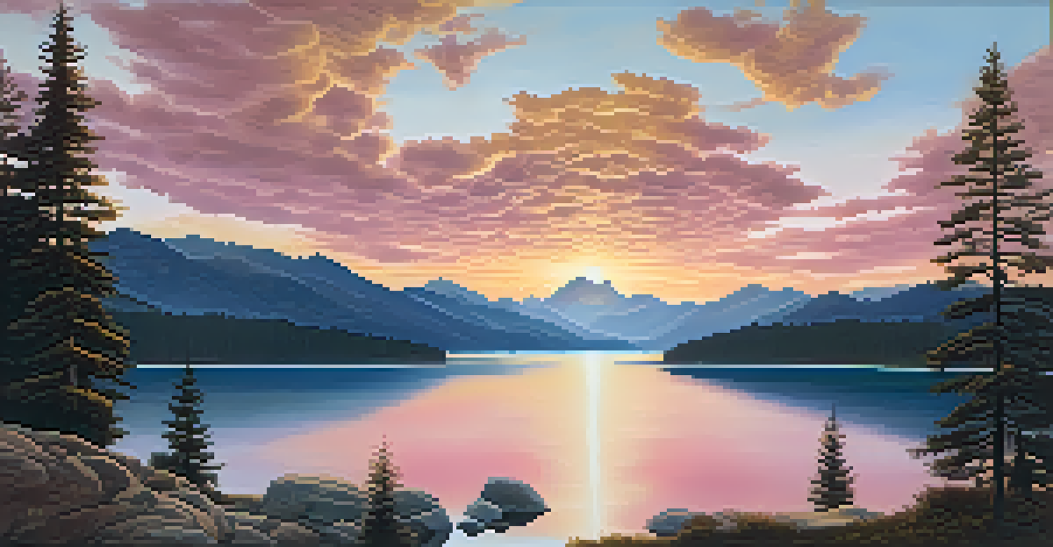 A beautiful sunrise over mountains with a reflective lake and silhouetted pine trees.