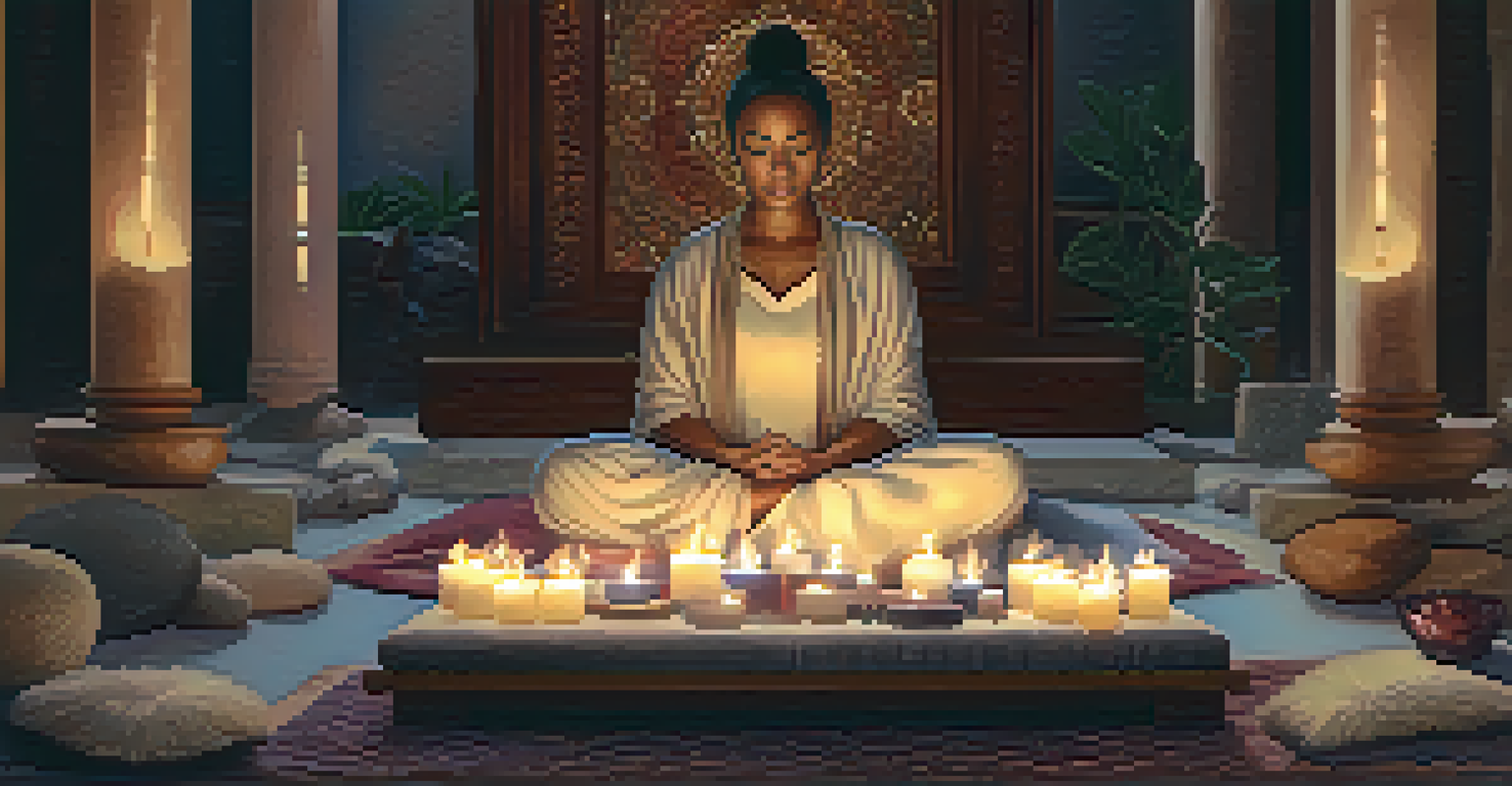 A client in a peaceful setting, practicing intention-setting with candles and crystals around them.