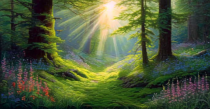 A peaceful forest scene at dawn with a meditative figure surrounded by wildflowers and butterflies.