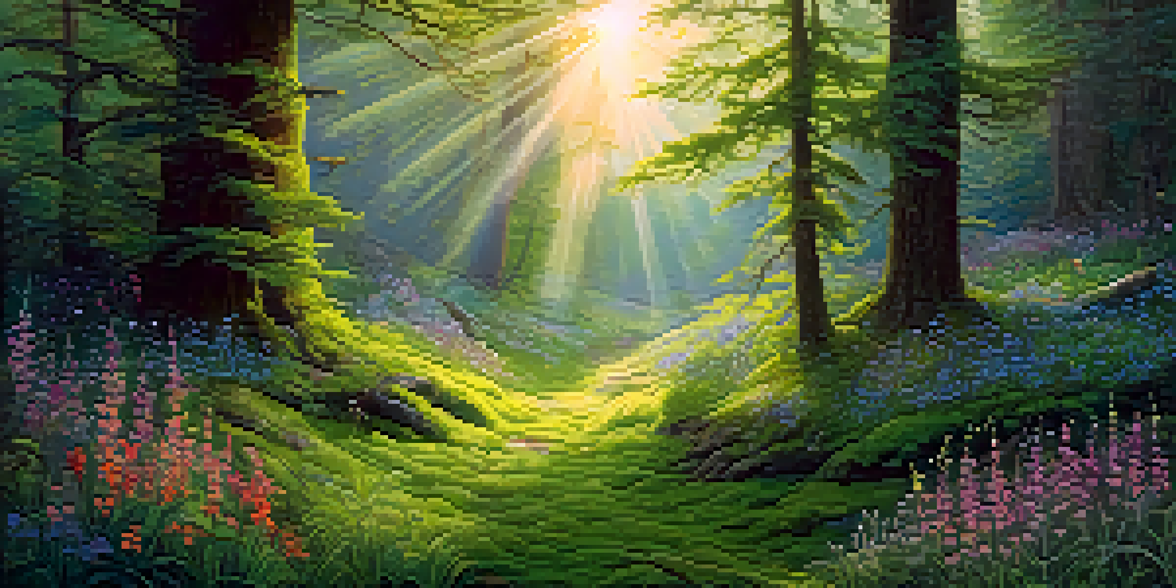 A peaceful forest scene at dawn with a meditative figure surrounded by wildflowers and butterflies.