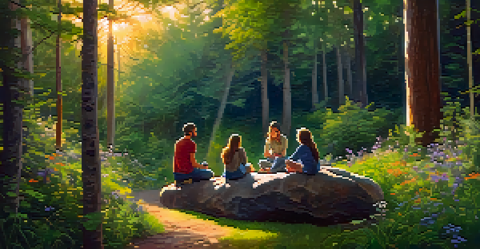A peaceful forest scene at dusk with a group of people sitting on a rock, surrounded by trees and wildflowers.