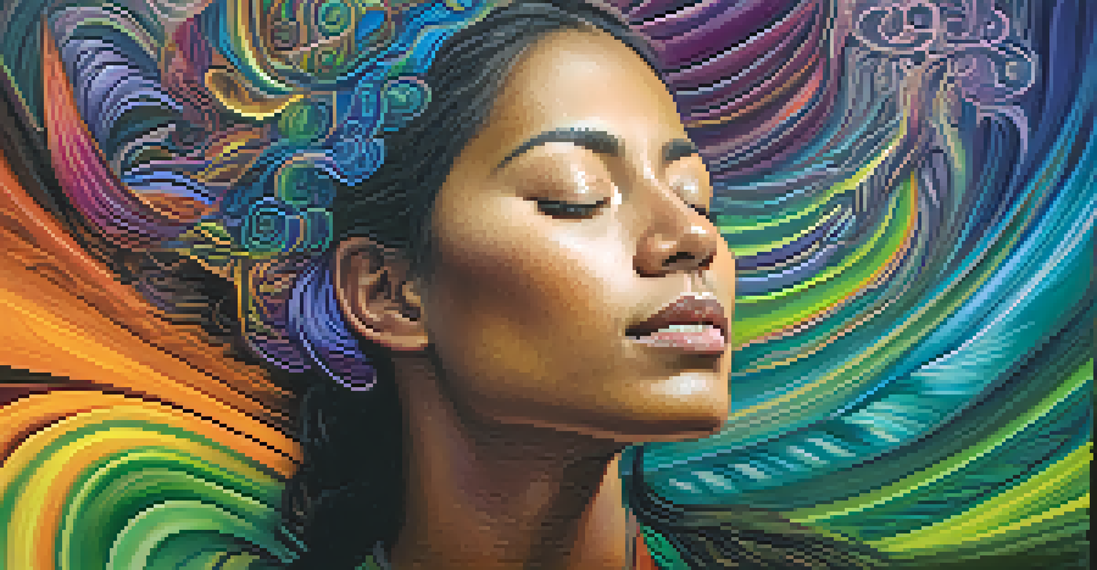 A close-up of a participant undergoing an Ayahuasca experience, with abstract colors swirling around them.