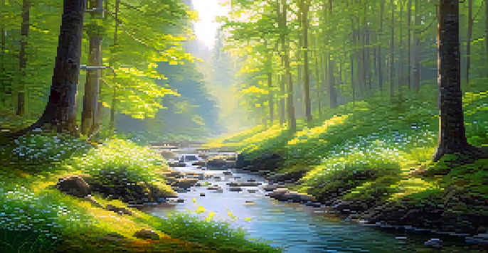 A peaceful forest scene with sunlight filtering through trees and colorful flowers on the ground.