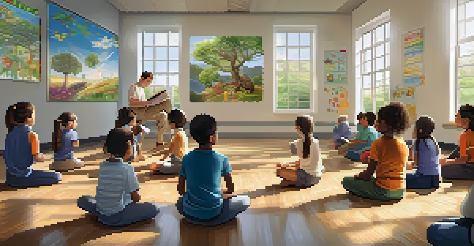 A teacher guiding students in mindfulness exercises in a bright classroom filled with inspiring quotes and natural light.