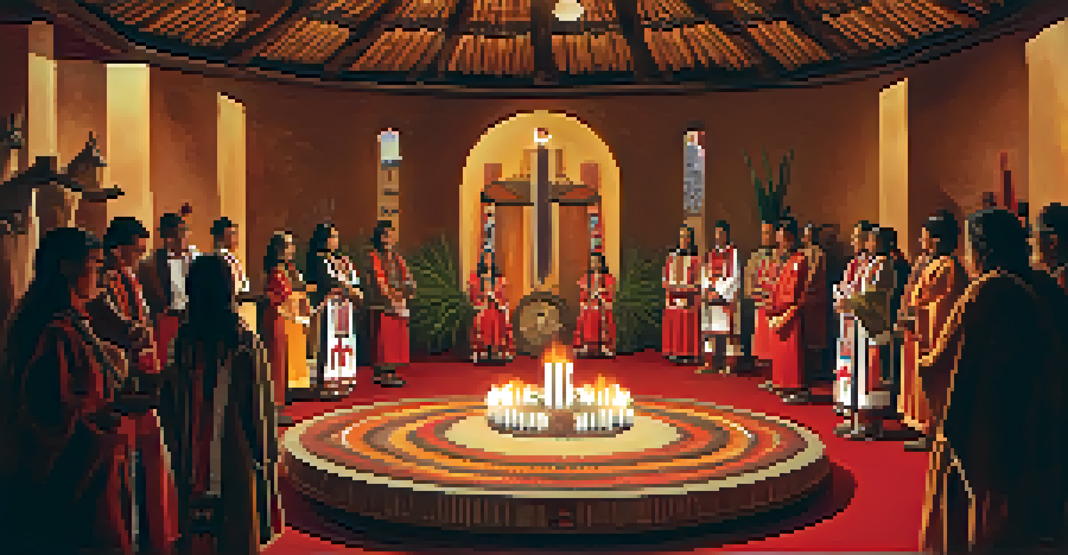 Participants in traditional attire gathered in a circle for a Native American Church ceremony, with a peyote cactus at the center.