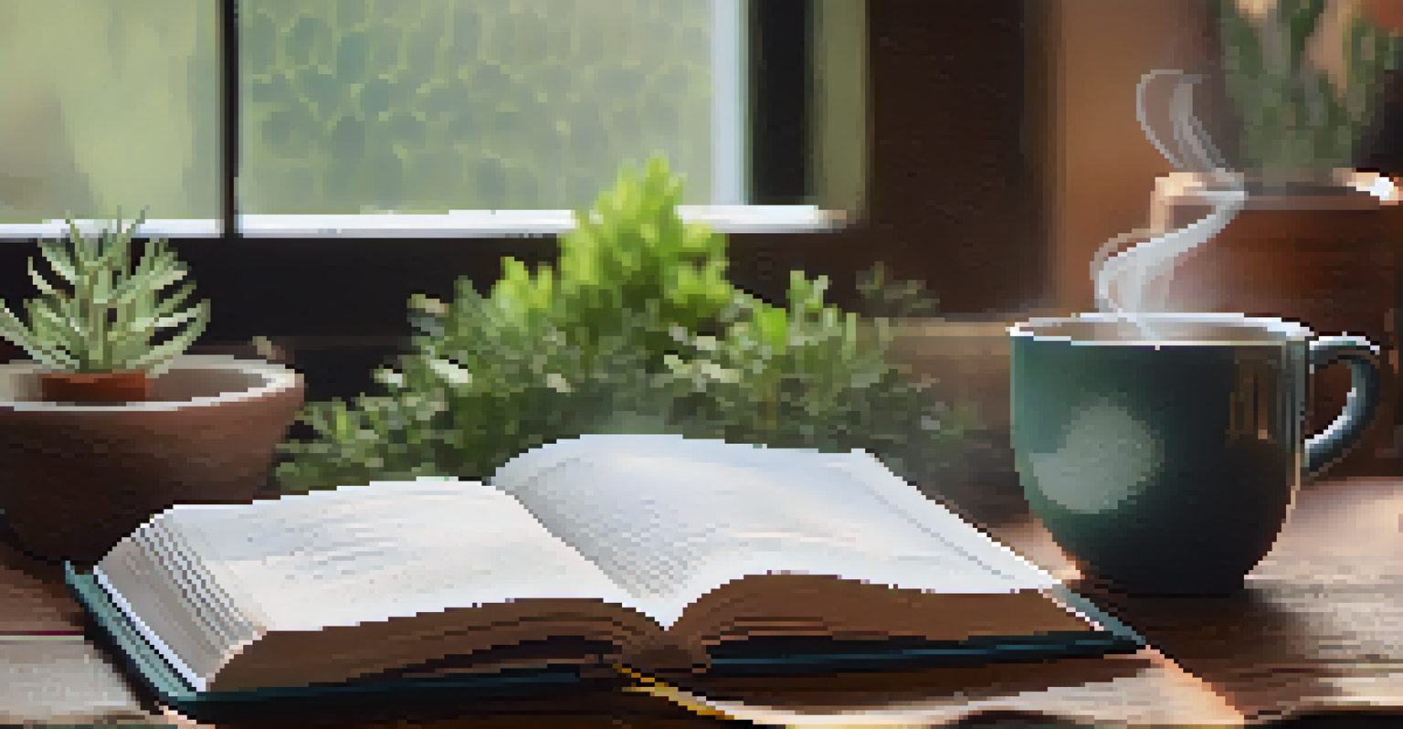 A close-up of an open journal with handwritten intentions next to a cup of tea and a small plant in a cozy setting.