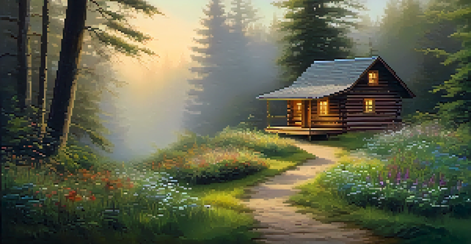 A misty forest at dawn with a winding path leading to a rustic wooden cabin surrounded by wildflowers.