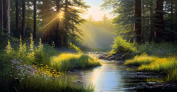 A peaceful forest at dawn with golden sunlight, wildflowers, and a gentle stream.