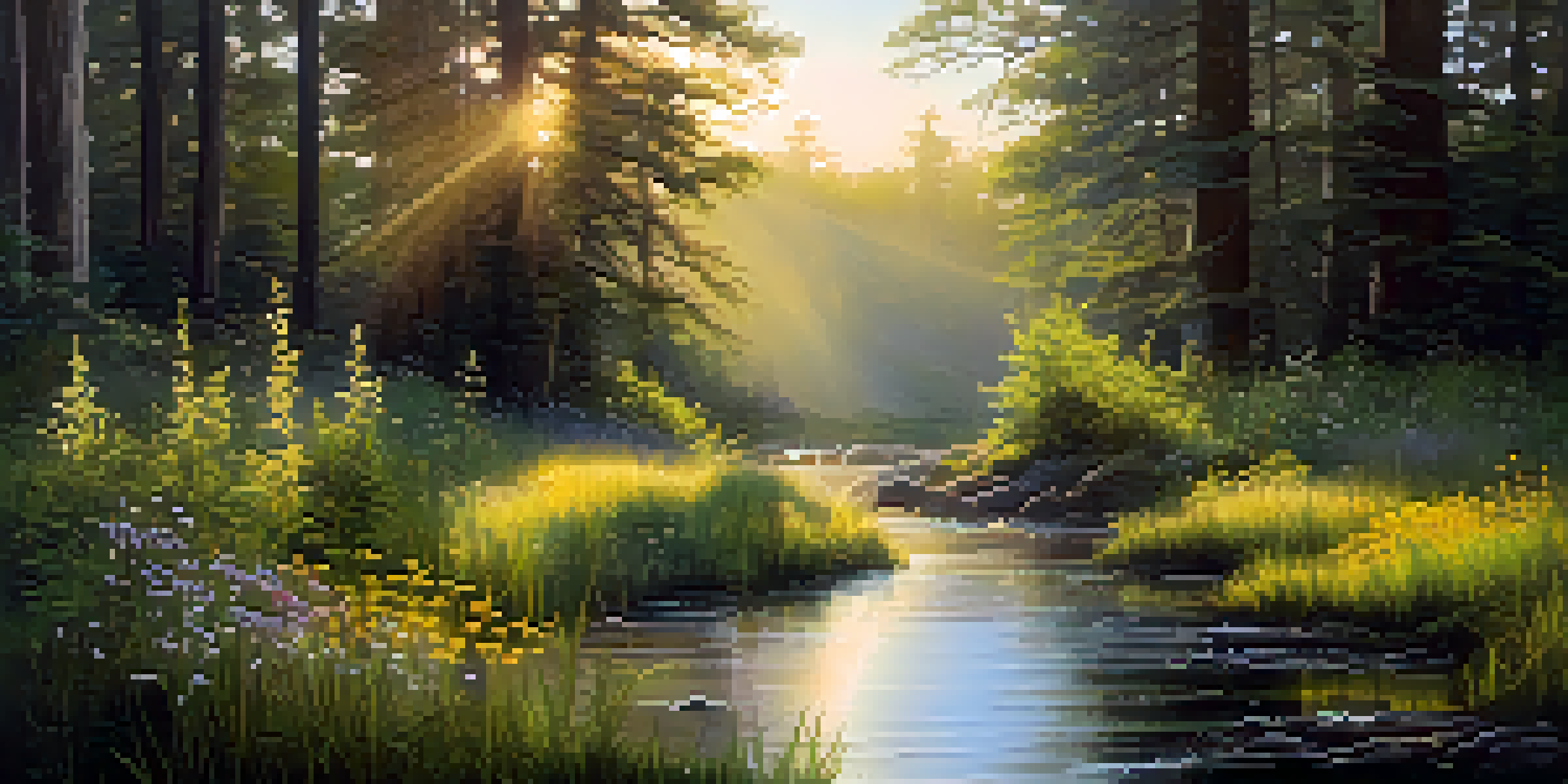 A peaceful forest at dawn with golden sunlight, wildflowers, and a gentle stream.