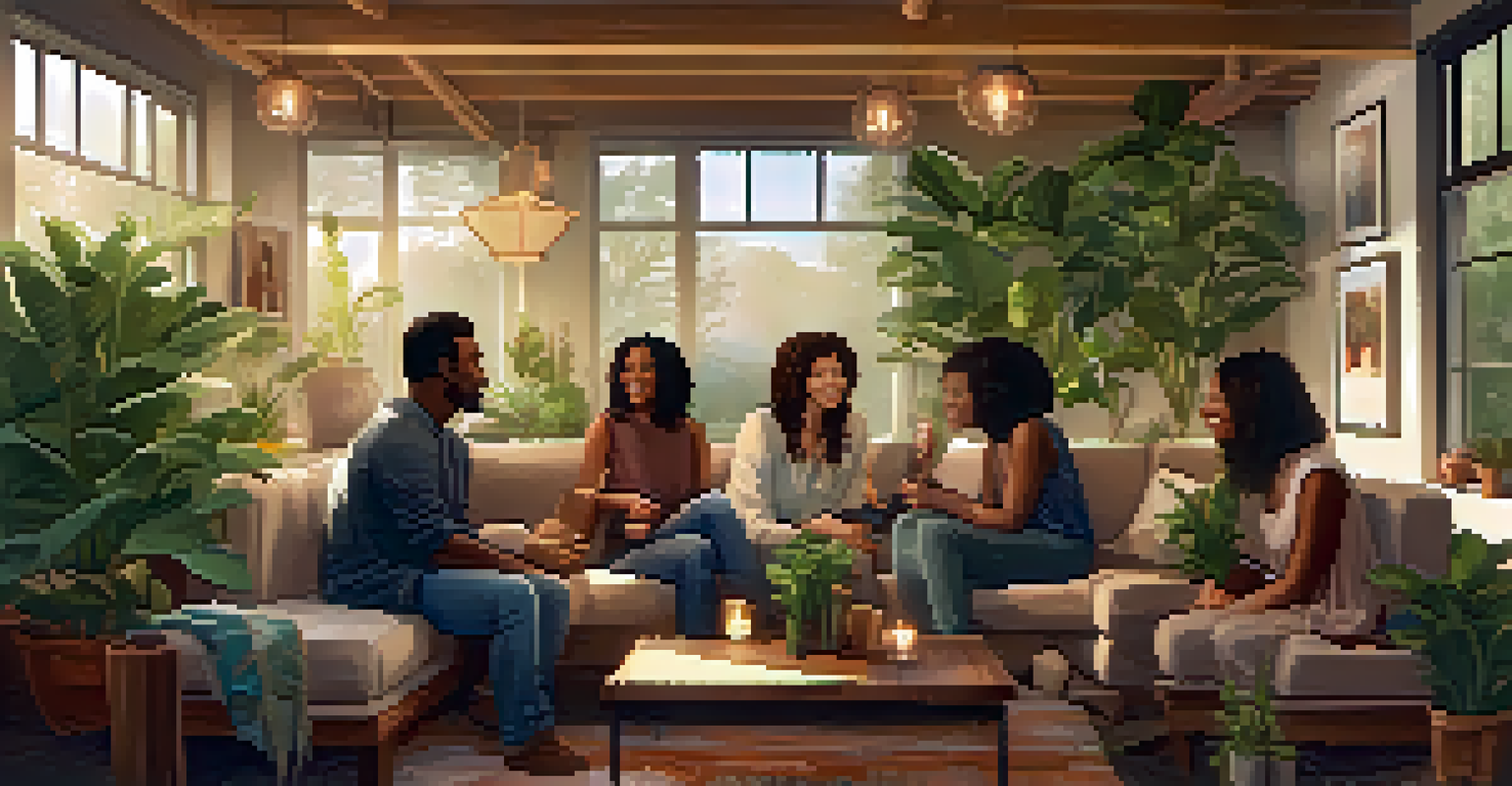 A cozy gathering space with people sharing insights, symbolizing community and support after a transformative experience.