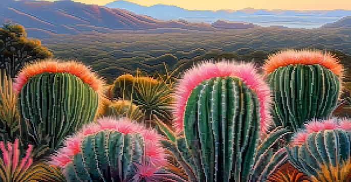 A peaceful Andean scene with a San Pedro cactus in the foreground, misty mountains in the background, and a sunrise sky filled with pastel colors.