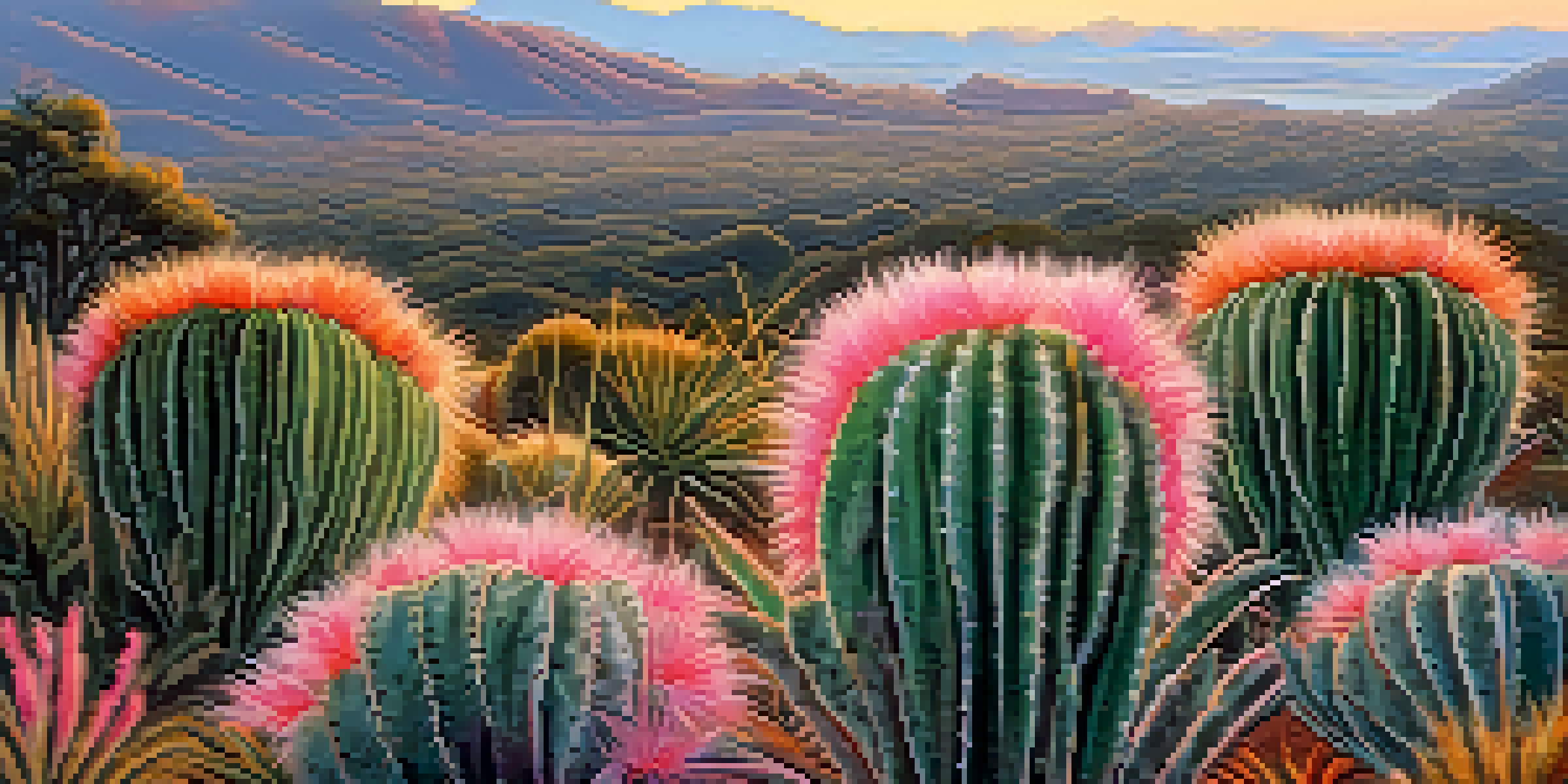 A peaceful Andean scene with a San Pedro cactus in the foreground, misty mountains in the background, and a sunrise sky filled with pastel colors.
