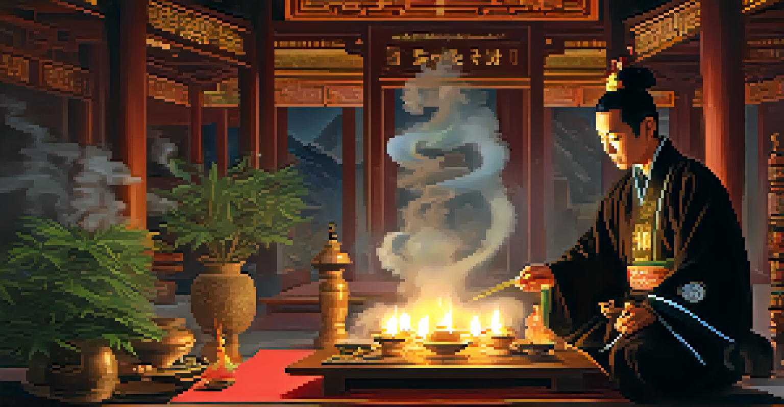 A Taoist priest performing a ceremony with burning cannabis incense in a dimly lit, tranquil setting.