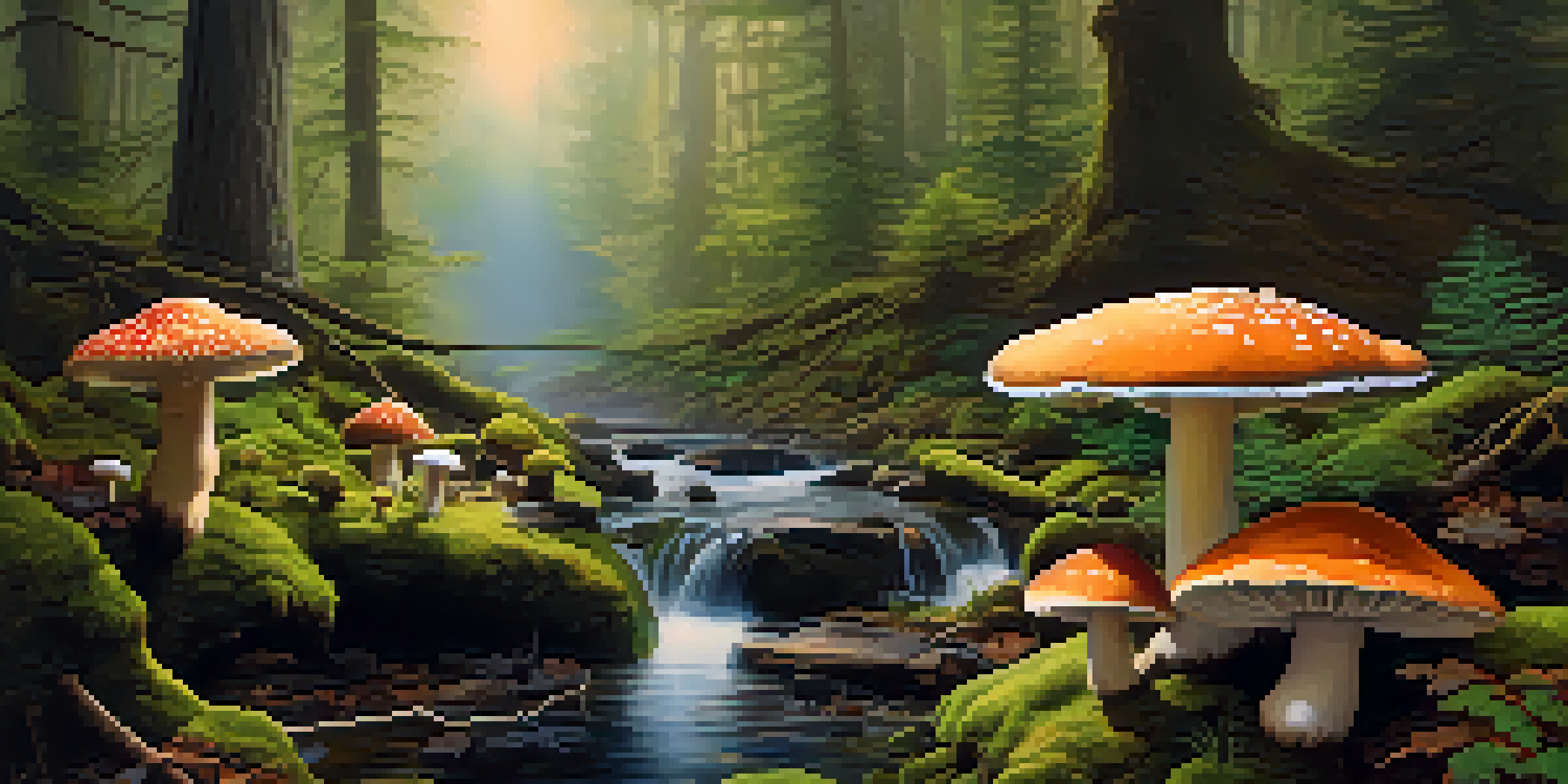A tranquil forest scene with colorful mushrooms and soft light filtering through the trees.