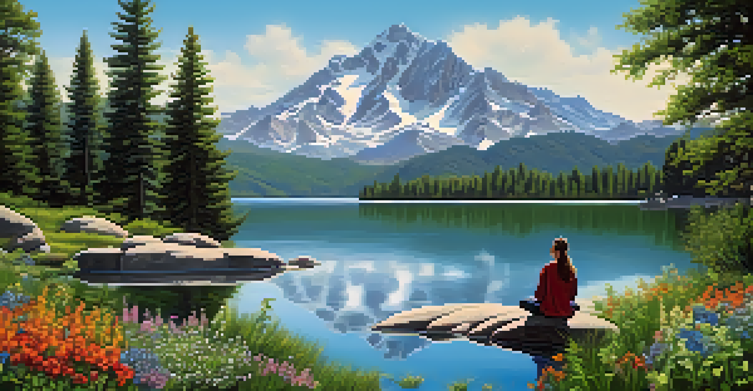 A person meditating on a rock by a tranquil lake, surrounded by mountains and colorful wildflowers.