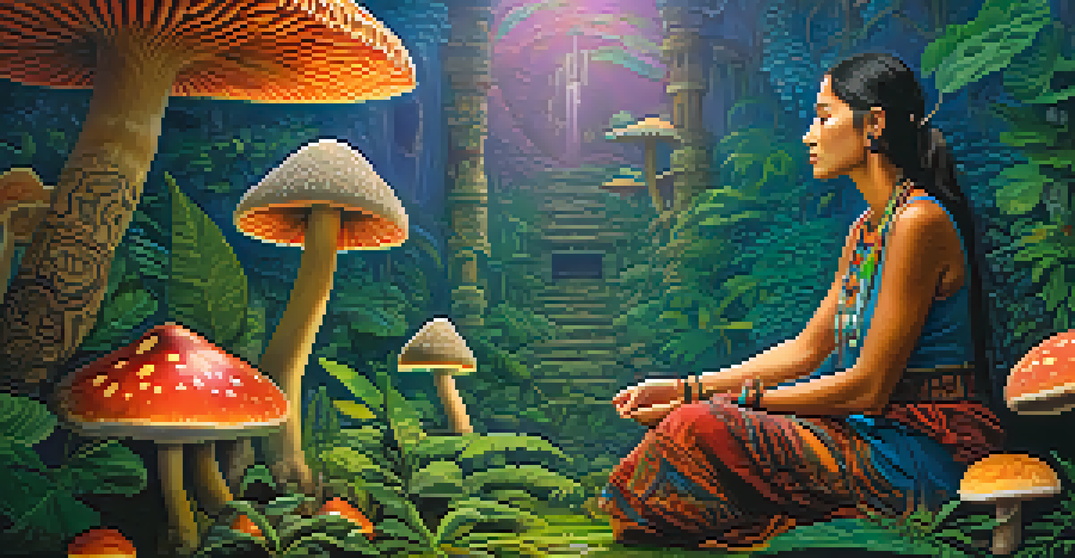 An ancient Mazatec healer surrounded by psilocybin mushrooms and artifacts in a vibrant environment.