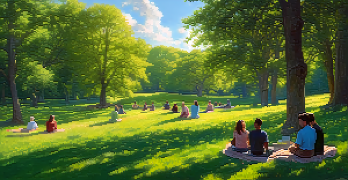 A peaceful outdoor scene with people meditating in a flower-filled field under a sunny sky.