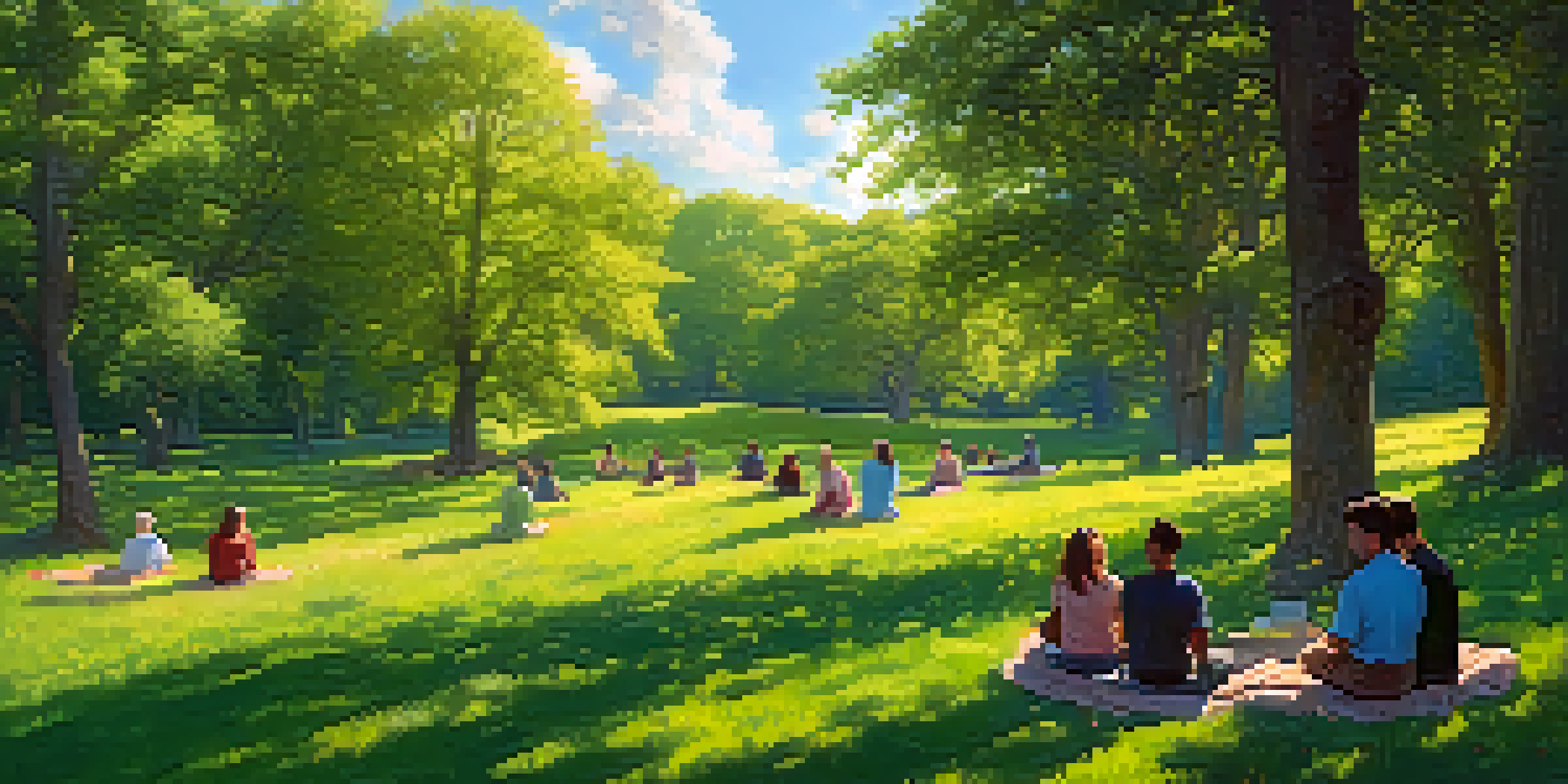 A peaceful outdoor scene with people meditating in a flower-filled field under a sunny sky.
