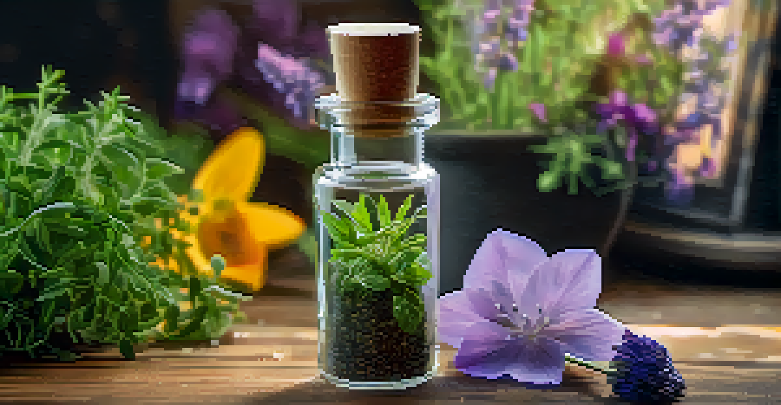 A close-up of a glass vial with an entheogen surrounded by herbs and flowers.