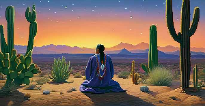 A Native American elder in a peyote ceremony at sunset, surrounded by cacti in a desert landscape.