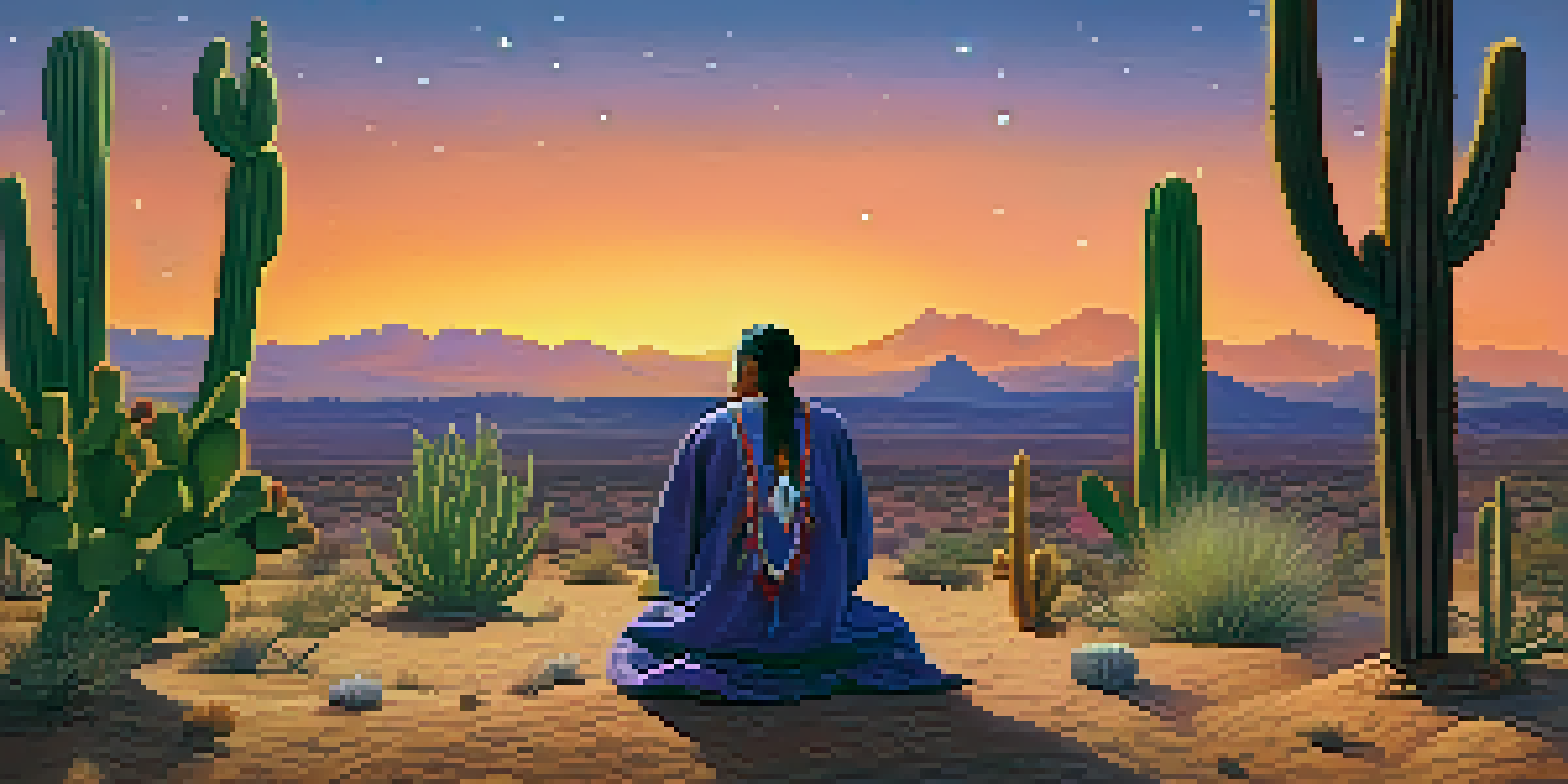 A Native American elder in a peyote ceremony at sunset, surrounded by cacti in a desert landscape.
