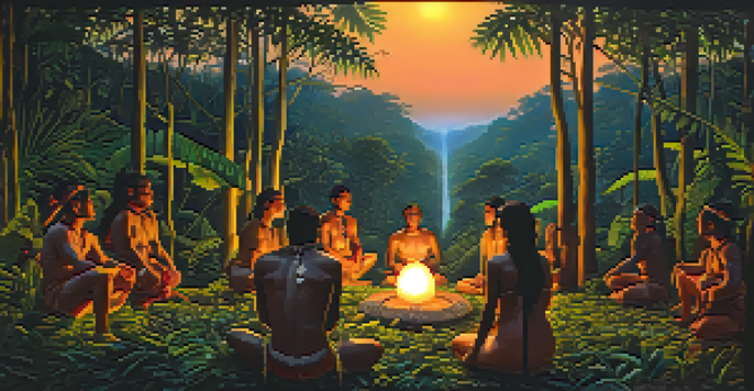 Indigenous tribespeople in traditional attire participating in an ayahuasca ceremony in the Amazon rainforest at dusk, surrounded by lush foliage and warm lantern light.