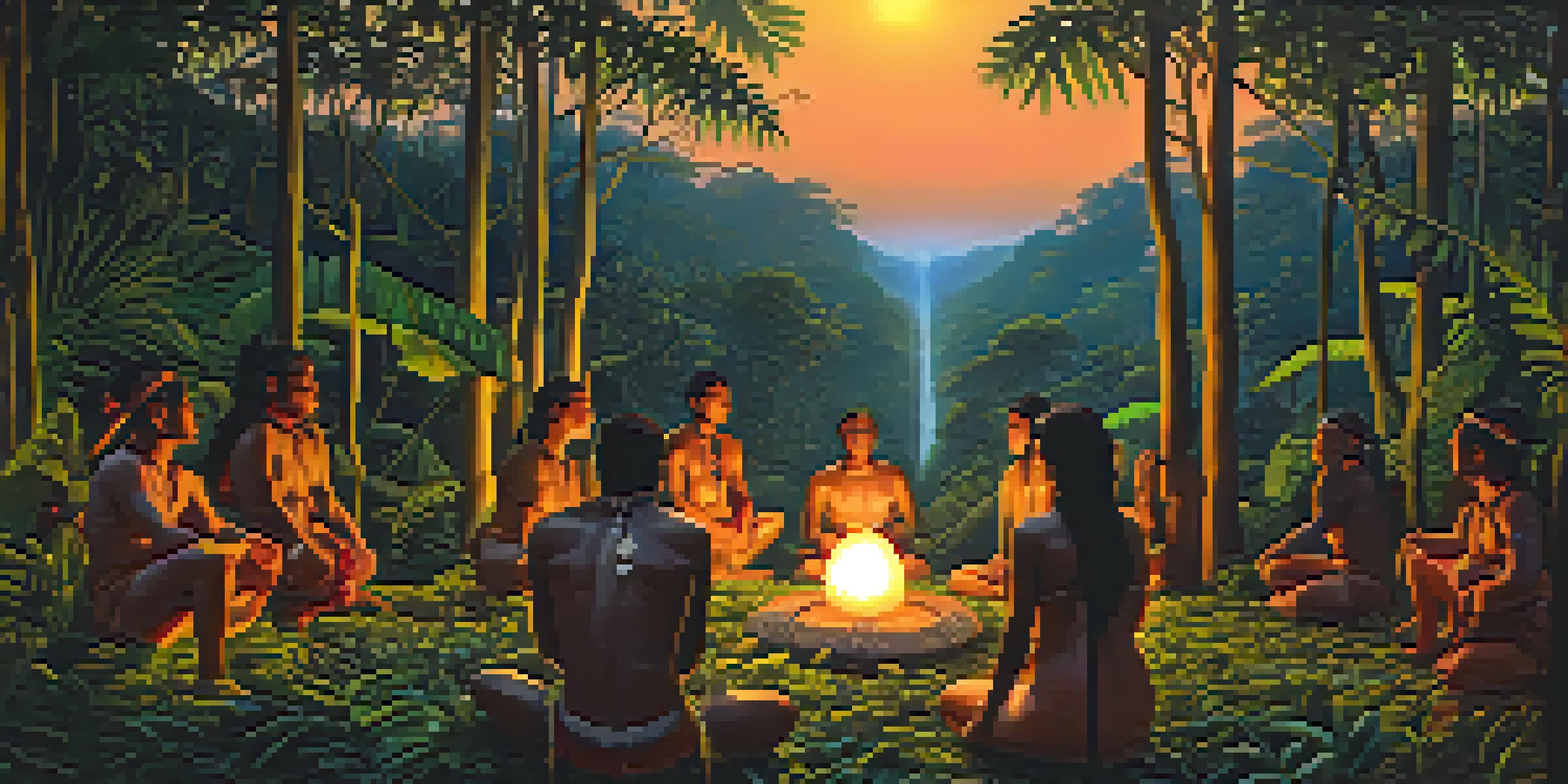 Indigenous tribespeople in traditional attire participating in an ayahuasca ceremony in the Amazon rainforest at dusk, surrounded by lush foliage and warm lantern light.