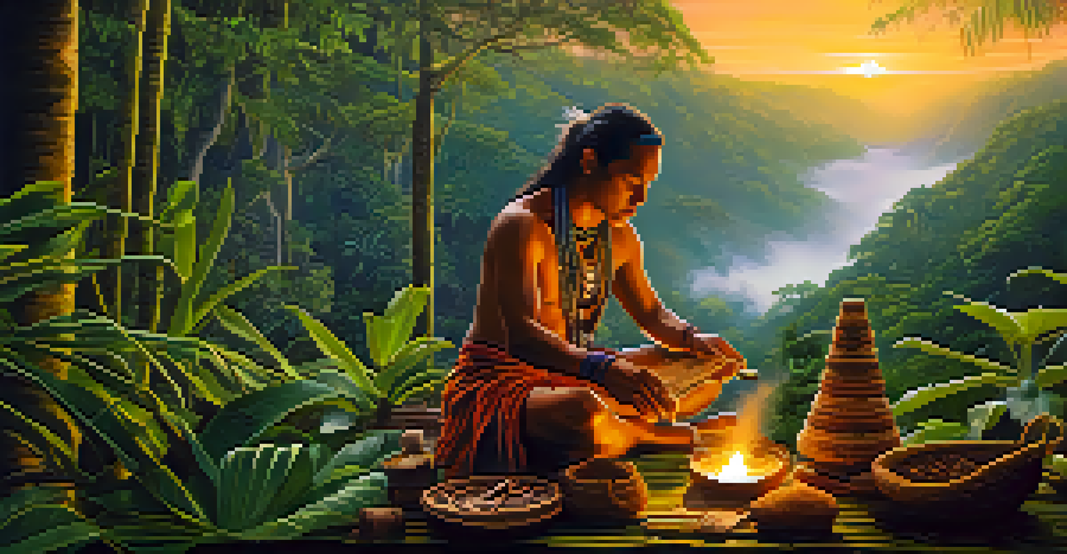 An Amazonian landscape at dawn with a shaman preparing ayahuasca, surrounded by lush greenery and ceremonial tools.