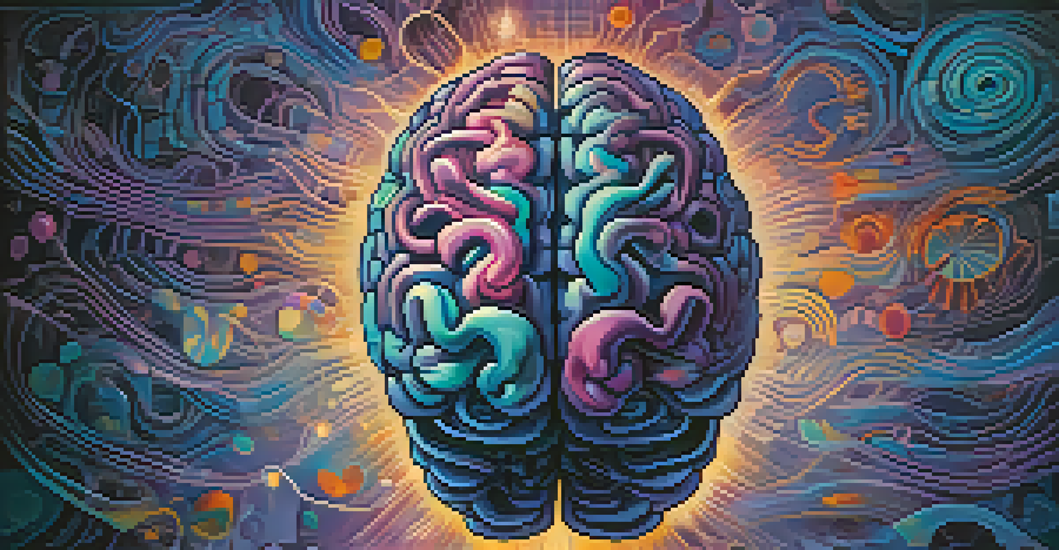 A colorful artistic representation of a brain, symbolizing creativity and mental health with abstract shapes in the background.