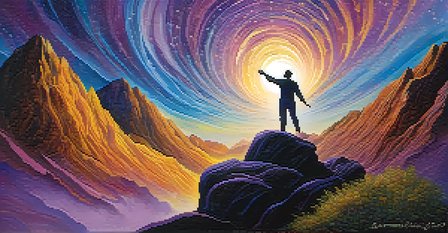 An abstract image showing a silhouette on a peak with arms raised towards a starry sky, symbolizing personal growth.